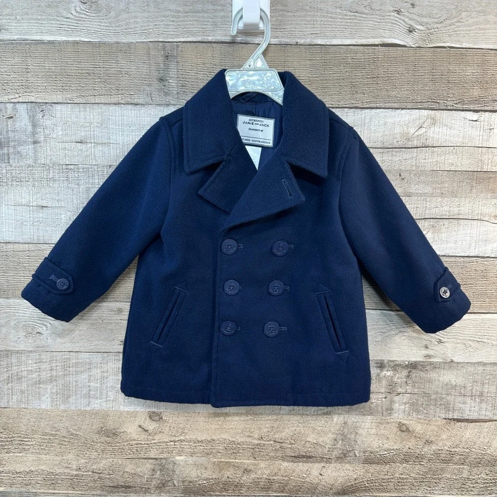 Janie and Jack Baby Boys 18-24 Months Navy Blue Pea Coat Nautical Anchor Buttons